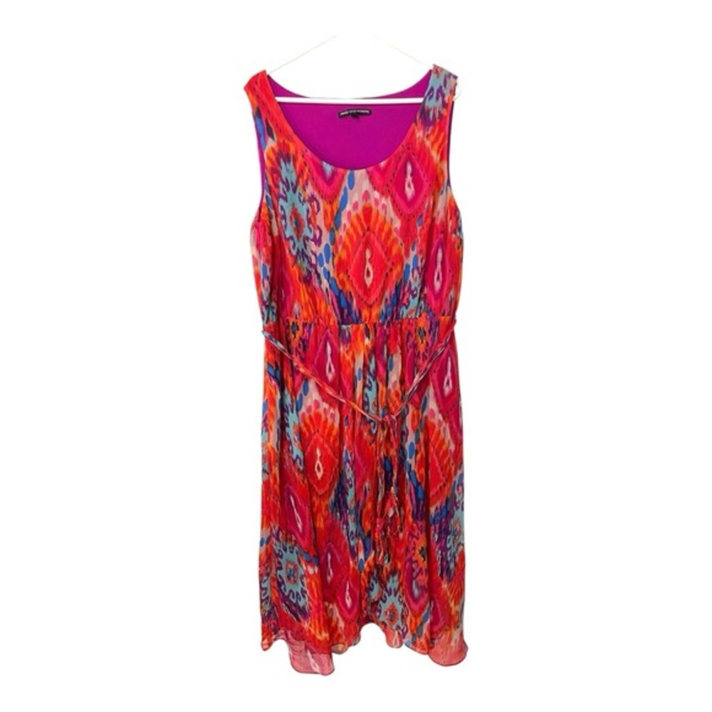 Adressing Woman 2X Pink Ikat Chiffon Midi Dress Sleeveless Tassel Belt Boho
